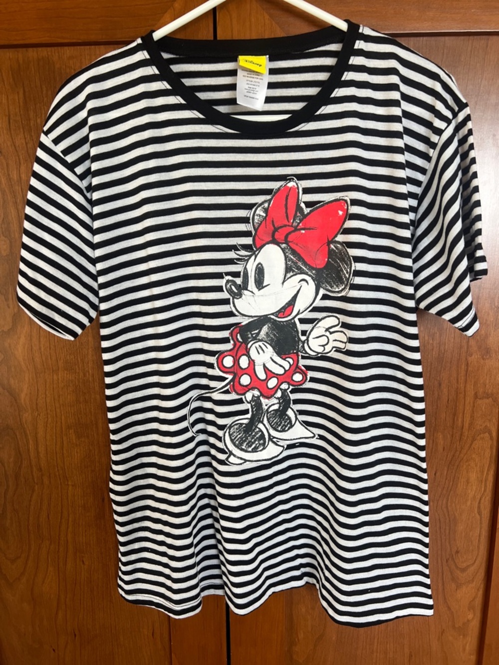 Disney Black & White Striped Minnie Mouse Tee with Red Accents Large